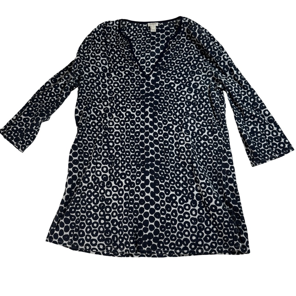 J Crew Womens L V‎ Neck Tunic Navy Blue White Circle  3/4 Sleeve Beach Cover-up